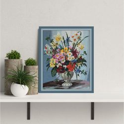 Still Life Floral Wall Art Decor, Finished Cross Stitch, Flower Vase Embroidery Art Print, Botanical Wall Art, Original