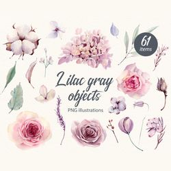 LILAC GRAY OBJECTS watercolor illustrations