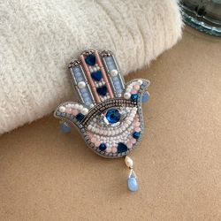 Hamsa Beaded Brooch Pin, Hamsa Embroidered Brooch, Hand Of Fatima Brooch Amulet, Evil Eye Brooch Protection Jewelry