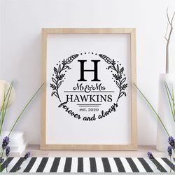 Mr and Mrs sign, Family Last Name Floral wreath, Rustic Sign