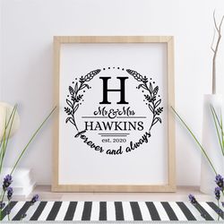 mr and mrs sign, family last name floral wreath, rustic sign