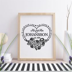 mr and mrs sign, family last name floral wreath, rustic sign