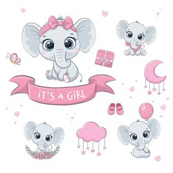Cute baby Elephant, Illustrations for Girls, PNG, JPG, EPS.