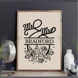 mr and mrs sign, family last name floral wreath, rustic sign
