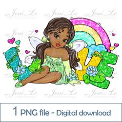 Baby Black Fairy and frog Love 1 PNG file Little Black Princess Clipart Sublimation Rainbow design Digital Download
