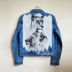 Painted Denim Jacket Handmade Custom denim jacket Personalized jean jackets Portraits from photos Lion art drawing
