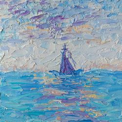 Sailboat Oil Painting  Wall Art Sky Seascape Original Art Boats Waves Morning impasto Small Picture 4.5x5 inches