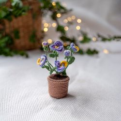 Beautiful miniature PANSY in a pot, Tiny Pansy for Fairy Flower Garden, Purple yellow Pansies crocheted flower
