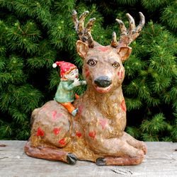 Deer sculpture Elf figurine Forest tale Ceramic statuette gnome boy Figurines cute friends Garden decor Animal sculptu