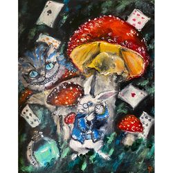 Alice in Wonderland Painting Original Art Rabbit Artwork Fly Agaric Wall Art Cheshire Cat Painting Canvas Wall Art