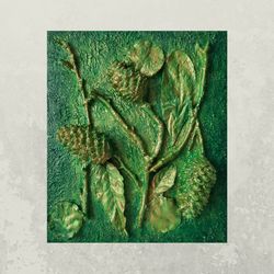 green plaster art, mixed media sculpture, forest sculpture,gold and green wall art, bas relief, 3d wall art, textured