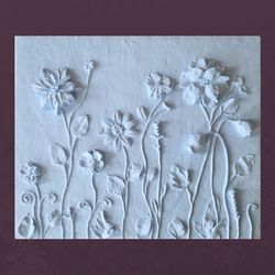 large sculptural wall art  light blue bas-relief concrete flowers 3d wall decor plaster relief botanical wall decor