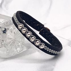 Sami leather bracelet with silver beads. Narrow black leather bracelet. Custom size handmade bracelet
