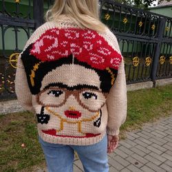 Frida Kahlo embroidered cardigan, oversized cardigan, chunky knit cardigan, bulky knit sweater, handmade cardigan