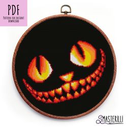 Smiling cat cross stitch pattern PDF , halloween cross stitch pattern, Cheshire cat smile ornament, pumpkin cross stitch