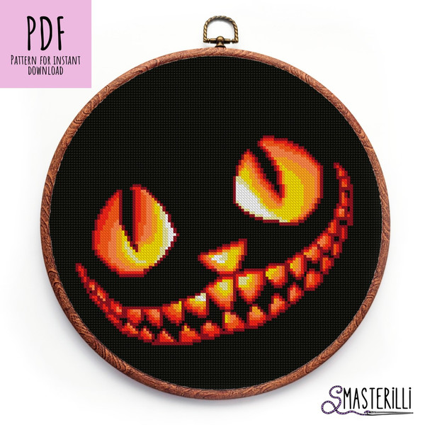 Halloween cheshire smiling cat cross stitch pattern by Smasterilli.JPG