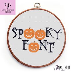 Halloween alphabet cross stitch pattern PDF , gothic letters embroidery design , pumpkin and spider web font ornament