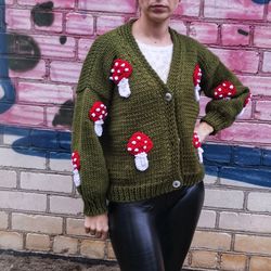 Mushroom cardigan, embroidered cardigan, oversized cardigan, chunky knit cardigan, bulky knit sweater, handmade cardigan
