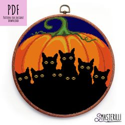 Black cats & pumpkin cross stitch pattern PDF , Halloween cross stitch pattern, kitties embroidery ornament