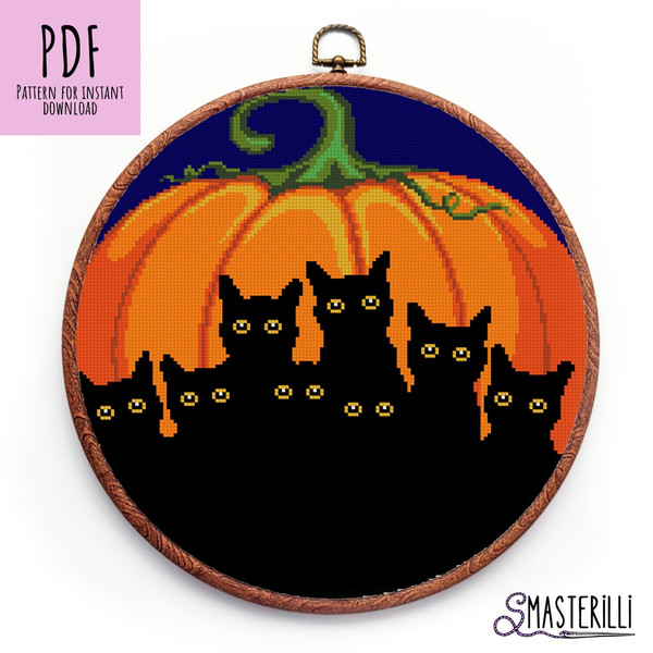 Black kittens and big orange pumpkin cross stitch pattern PDF by Smasterilli.JPG
