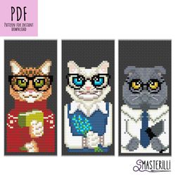 Cat cross stitch pattern PDF , set of 3 bookmarks embroidery ornaments , cats with glasses xstitch , book lovers gift