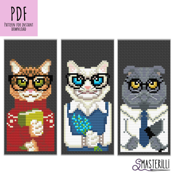Cat with glasses, cross stitch patterns for three bookmarks in PDF by Smasterilli. Digital cross stitch pattern for instant download..JPG