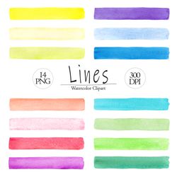 Watercolor lines clipart, 14 Hand painted shapes, Brush strokes PNG, Rainbow colors Colorful clip art, Digital Download