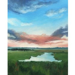 Summer Sunset Painting, Original Art, Landscape Painting, Landscape Artwork, 8 by 10 inch