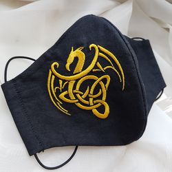 Embroidered gold celtic dragon cotton face mask, Cloth reusable washable facemask with nose vire