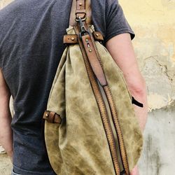 sling backpack leather canvas backpack sling bag women bag men bag crossbody bag