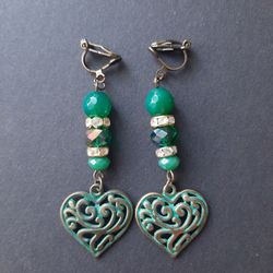 Heart dangle clip-on earrings, boho bohemian clip on earrings, long green earrings
