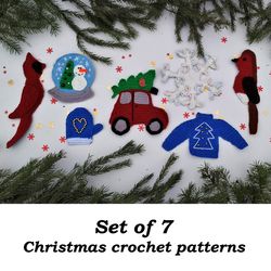 Christmas coaster crochet pattern, Set of 7, Robin bird crochet pattern, Car with Christmas tree, Cardinal amigurumi