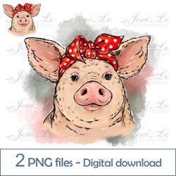 Mom Pig Red bandana 2 PNG files Farm Sublimation Cute Animal Design Big pig Funny Pig Digital Download