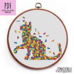 Cat cross stitch pattern PDF , tetris cross stitch , antistress ornament hoop art , animal silhouette cross stitch
