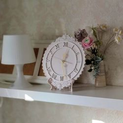Small pink table clock with white ornaments in shabby chic style Silent desk clock Cute wall clock Wedding gift