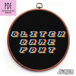 Stereo alphabet cross stitch pattern PDF , small glitch letters and numbers embroidery , arcade game font xstitch chart