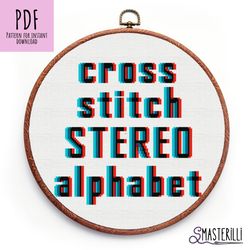 Glitch alphabet cross stitch pattern PDF , noise stereo letters and numbers , arcade gaming font cross stitch pattern
