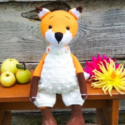 Stuffed animal fox doll. Woodland soft fox toy. Fox in overalls. Cute knitted fox. Nice amigurumi fox. Fox for gift.