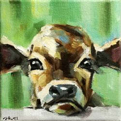 Cow Oil Painting Original Farm Animals Art Cow Baby Portrait Signed MADE TO ORDER