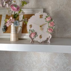 Small pink table clock with roses in shabby chic style Silent wall clock for bedroom Nursery decor Girl's room clock