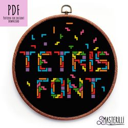 Modern alphabet cross stitch pattern PDF , tetris cross stitch , arcade game font cross stitch, block letters and number