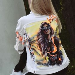 Hand painted jacket denim wearable art clothes, Customized white women jacket sexy girl, personalized jacket cotton