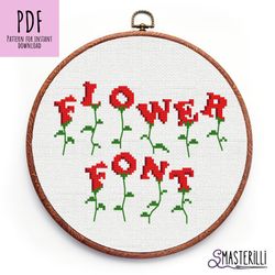 Flower alphabet cross stitch pattern PDF , red roses letters embroidery ornament , plant cross s font design for quotes
