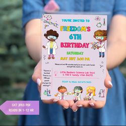 Personalized science invitation, birthday invitation, kids scientists party, chemistry birthday, childs invitation