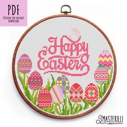 Easter cross stitch pattern PDF , spring flowers cross stitch pattern, green and pink flowers embroidery, easter bunny