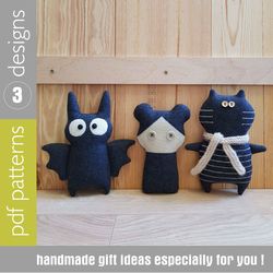 Halloween dolls sewing patterns PDF, set of 3 tutorials in English (Black cat, Bat and mini doll girl)