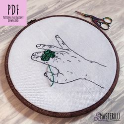 Hand with flower cross stitch pattern PDF , st Patrick embroidery design , green flower counted xstitch chart