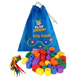 Play Brainy 36 pc Jumbo Primary Lacing Beads Kit with Multicolored Polygon Beads and 4 Strings for Kids Ages 3 and up