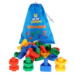 Play Brainy 32 pc Montessori Jumbo Toy Nuts and Bolts Set with 4 Different Shapes and Colors for Kids Ages 1-3