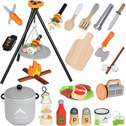 Play Brainy 45 pc BBQ Toy Set-Pretend Play Camping Set w Campfire, BBQ Grill, Toy Food, Utensils, Carrying Bag and More!